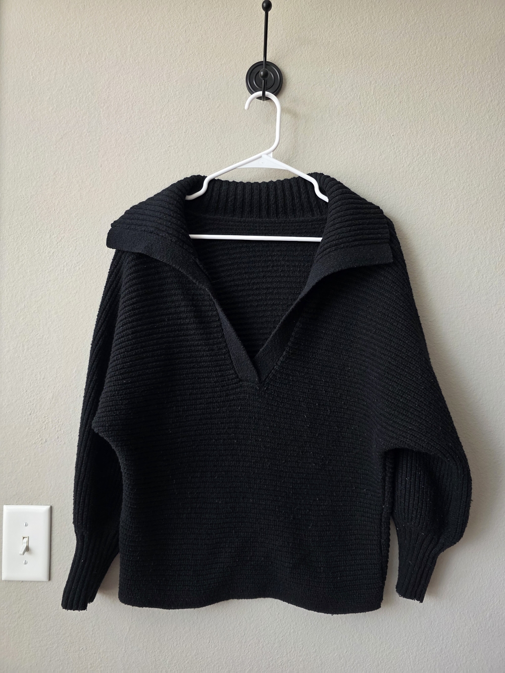 Black Ribbed Collared V-Neck Sweater - Women